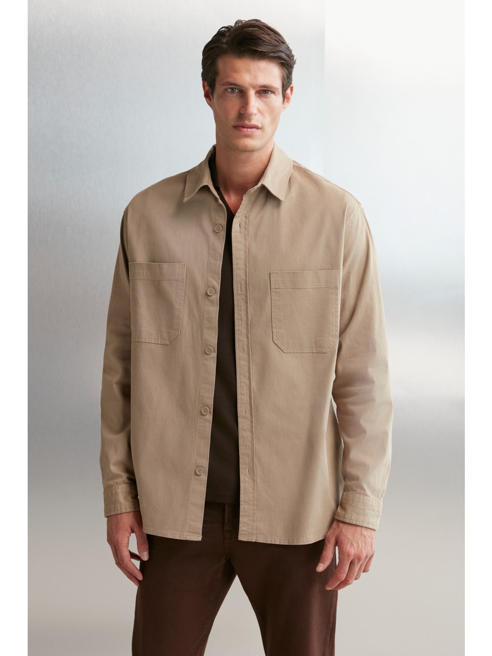 Outside Erkek Dokuma Kalın Dokulu Yıkamalı Cepli Bej Gömlek